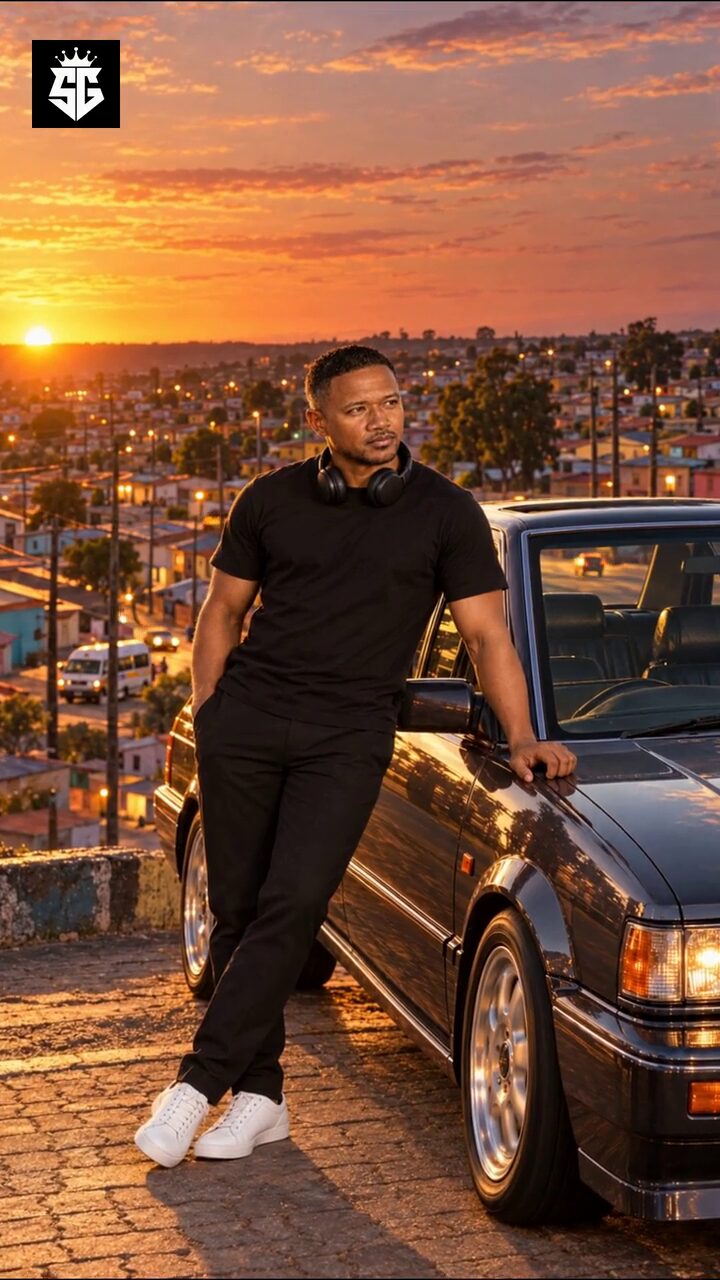 Efkay Da Shiqwan leaning on a car at sunset